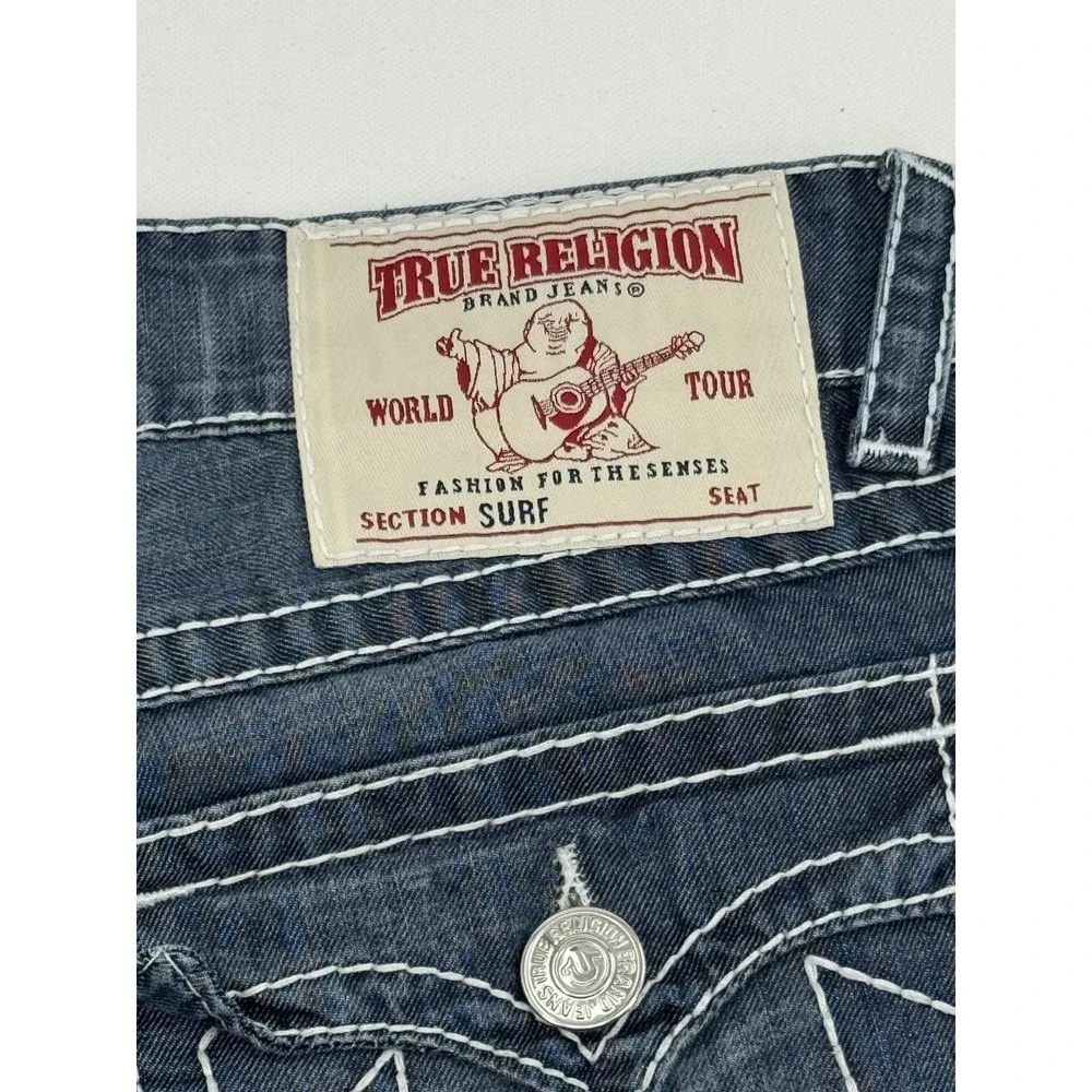 True Religion Surf Board Shorts Men's Size 34 Blue Denim Swim Trunks Y2K
